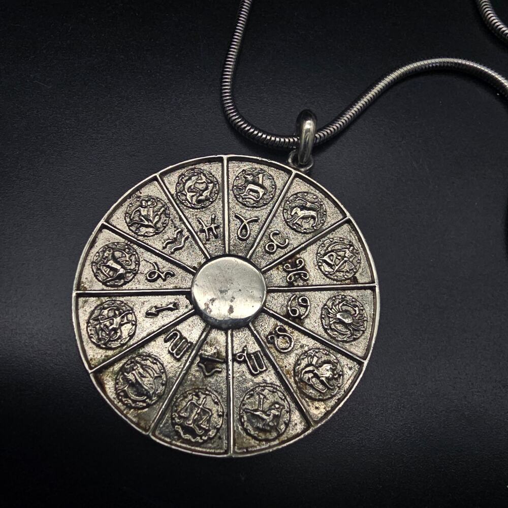 Vintage Silver Tone Zodiac Calendar Necklace Astrology Costume Jewelry